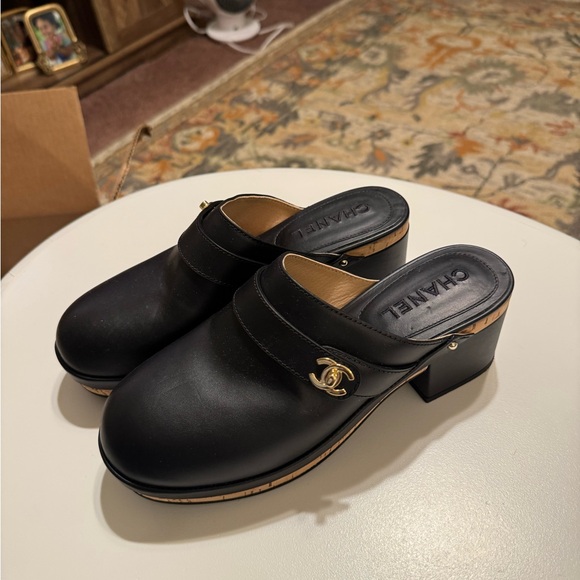 Chanel Black Leather Mules with Gold Logo - Picture 1 of 3